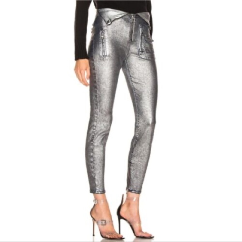 RtA Silver Diavolina Metallic Coated Fold-Over Zipper Moto Jeans